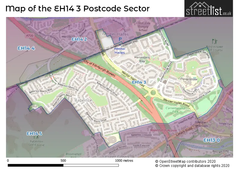 Map of the EH14 3 and surrounding postcode sector
