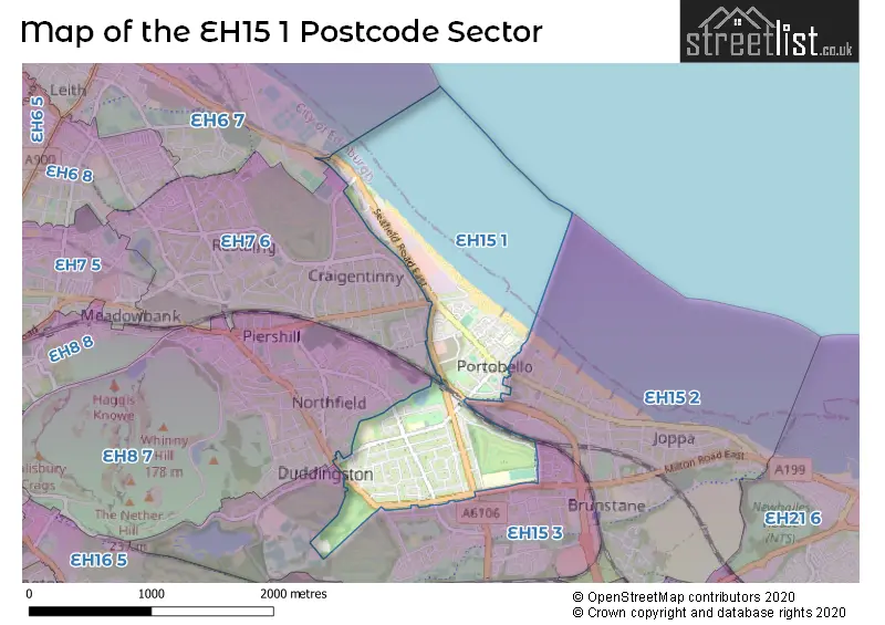 Map of the EH15 1 and surrounding postcode sector