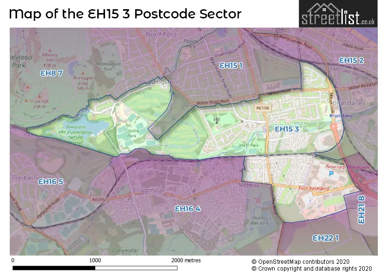 Map of the EH15 3 and surrounding postcode sector