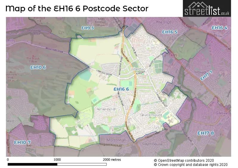 Map of the EH16 6 and surrounding postcode sector