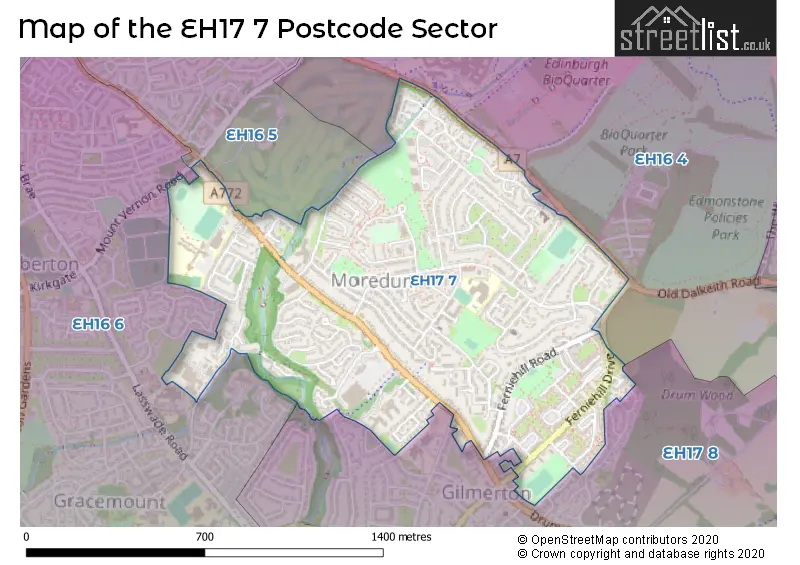 Map of the EH17 7 and surrounding postcode sector