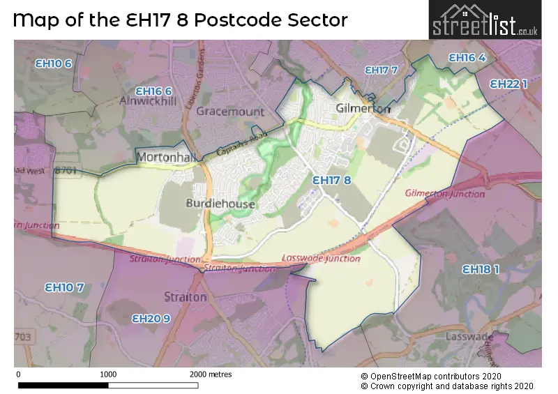 Map of the EH17 8 and surrounding postcode sector