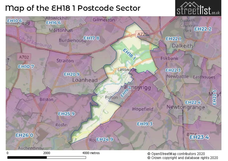 Map of the EH18 1 and surrounding postcode sector