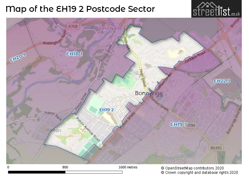 Map of the EH19 2 and surrounding postcode sector