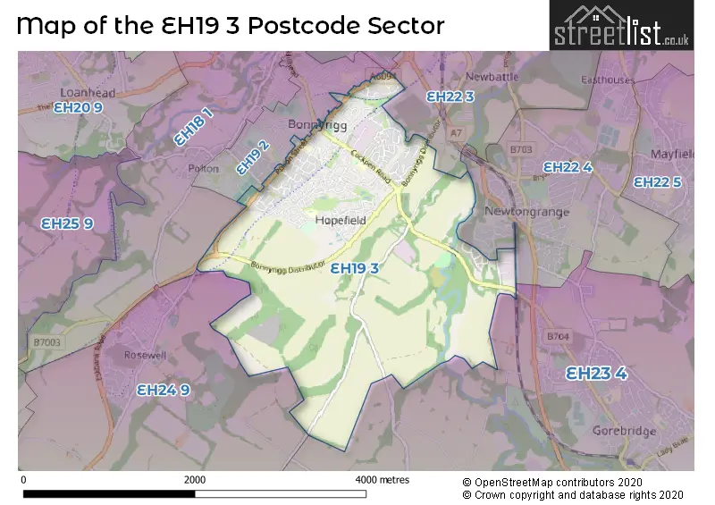 Map of the EH19 3 and surrounding postcode sector