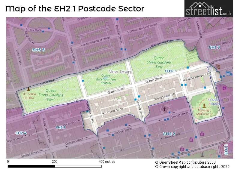 Map of the EH2 1 and surrounding postcode sector