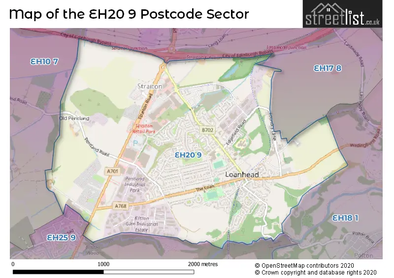 Map of the EH20 9 and surrounding postcode sector
