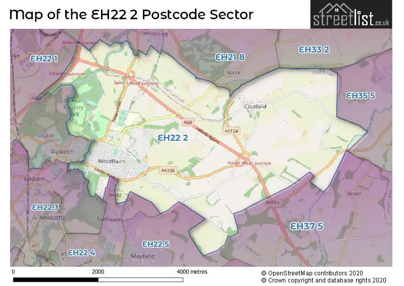 Map of the EH22 2 and surrounding postcode sector