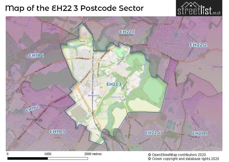 Map of the EH22 3 and surrounding postcode sector