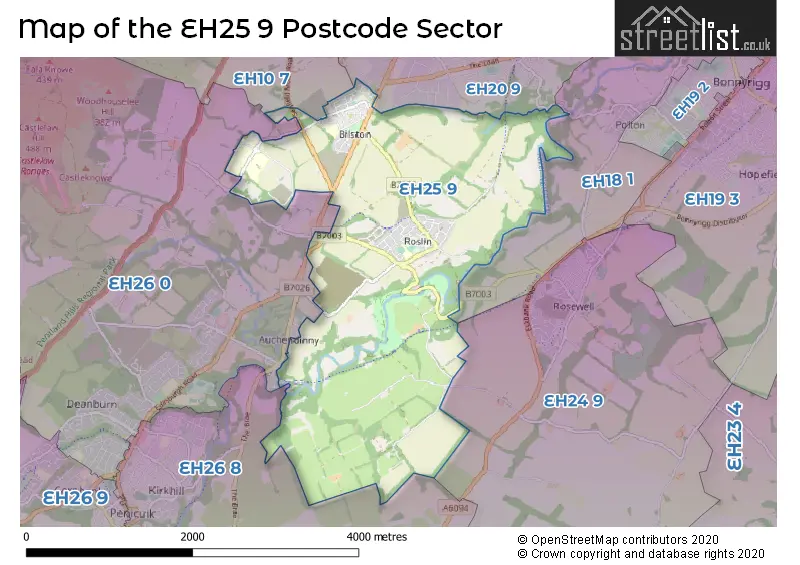 Map of the EH25 9 and surrounding postcode sector