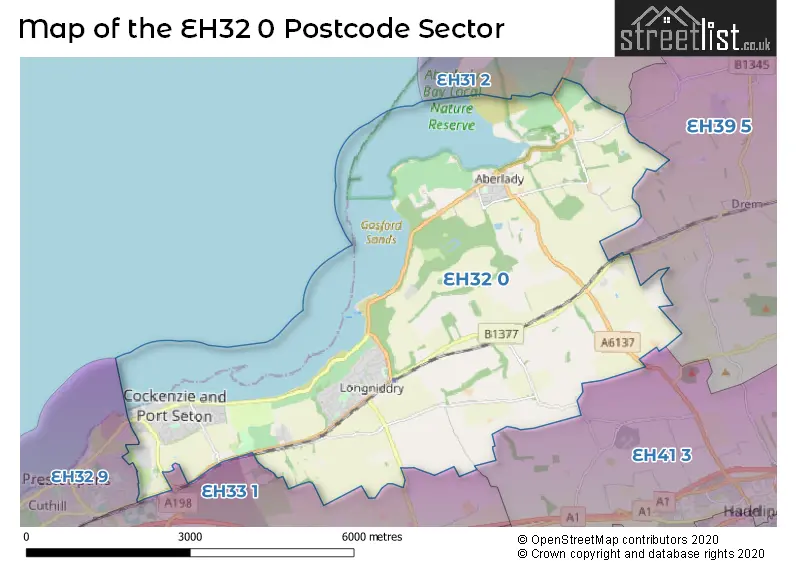 Map of the EH32 0 and surrounding postcode sector