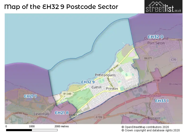 Map of the EH32 9 and surrounding postcode sector