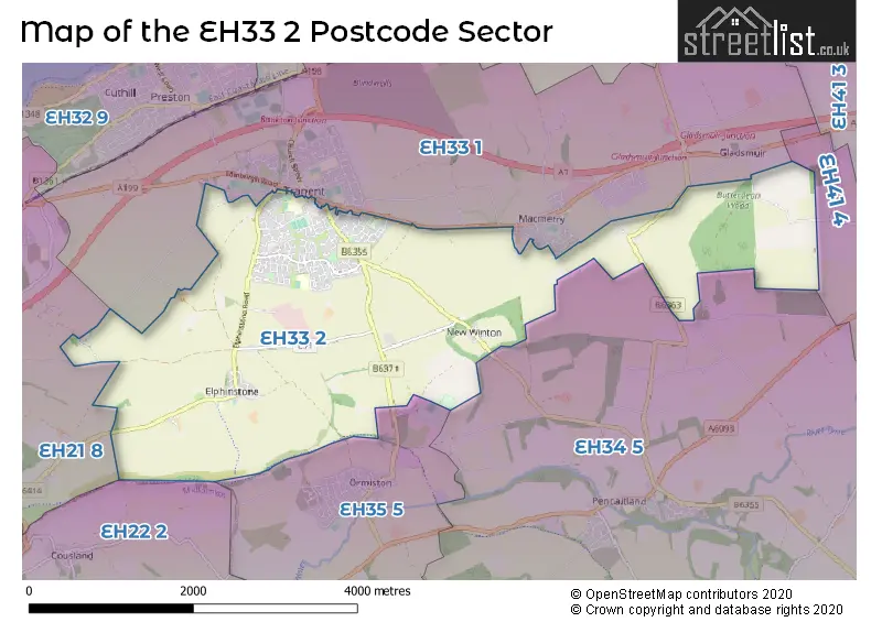 Map of the EH33 2 and surrounding postcode sector