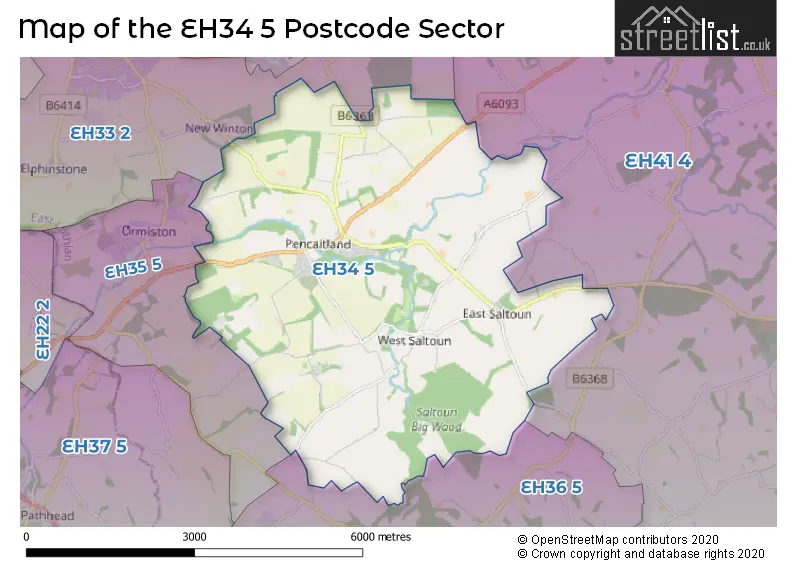 Map of the EH34 5 and surrounding postcode sector