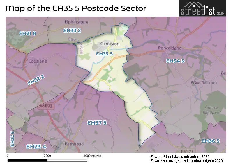 Map of the EH35 5 and surrounding postcode sector