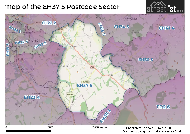 Map of the EH37 5 and surrounding postcode sector