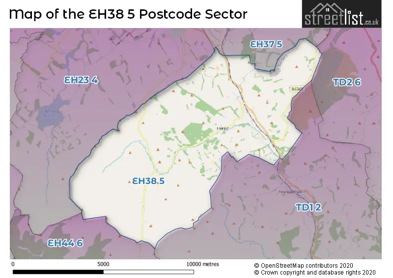 Map of the EH38 5 and surrounding postcode sector