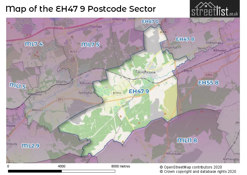 Map of the EH47 9 and surrounding postcode sector