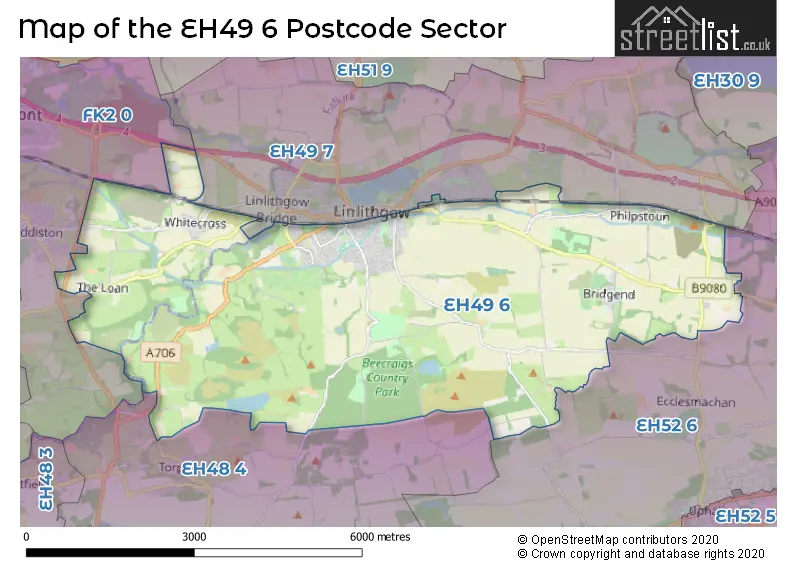 Map of the EH49 6 and surrounding postcode sector