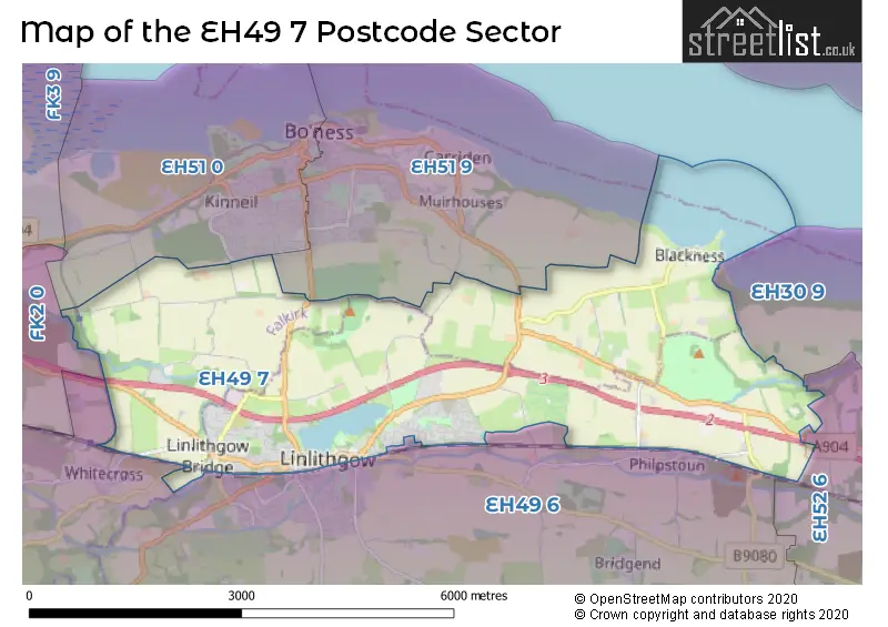 Map of the EH49 7 and surrounding postcode sector