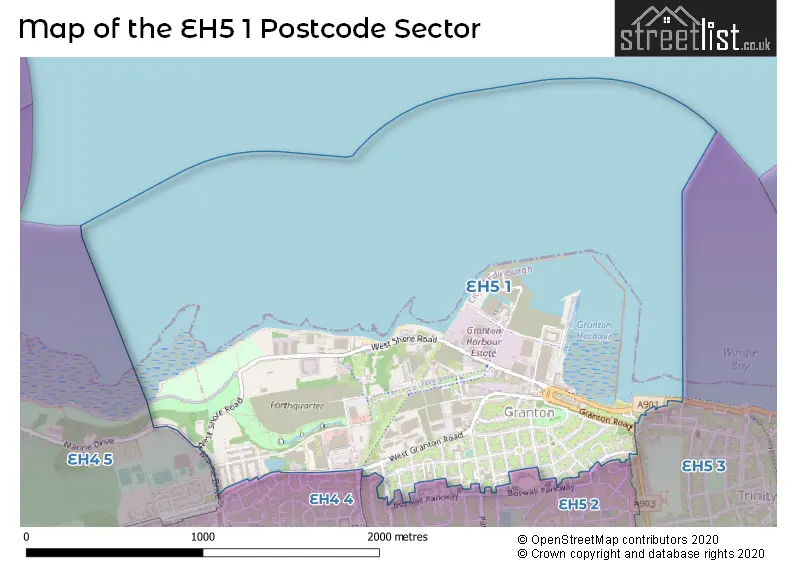 Map of the EH5 1 and surrounding postcode sector
