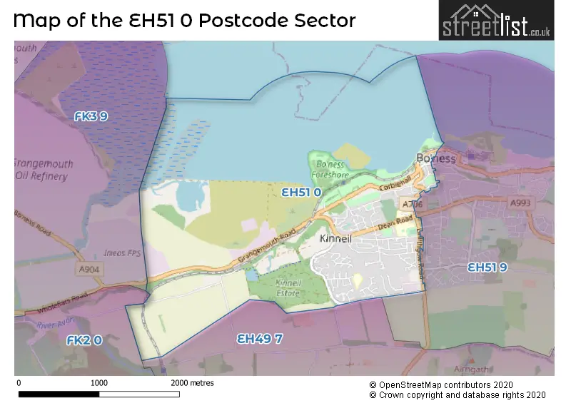 Map of the EH51 0 and surrounding postcode sector