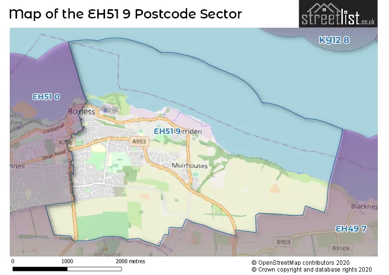 Map of the EH51 9 and surrounding postcode sector