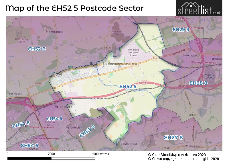 Map of the EH52 5 and surrounding postcode sector