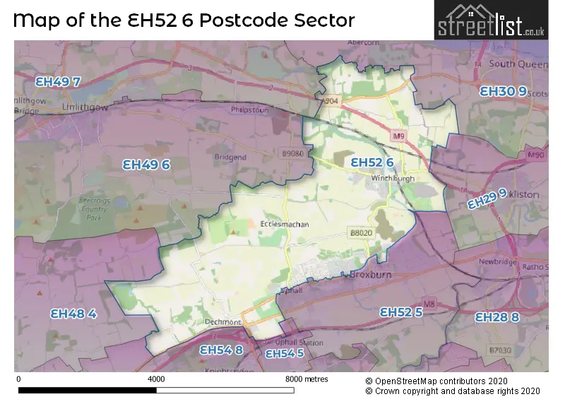 Map of the EH52 6 and surrounding postcode sector