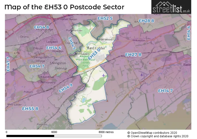 Map of the EH53 0 and surrounding postcode sector