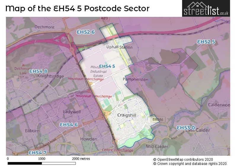 Map of the EH54 5 and surrounding postcode sector