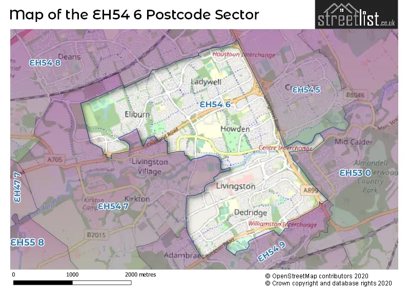 Map of the EH54 6 and surrounding postcode sector