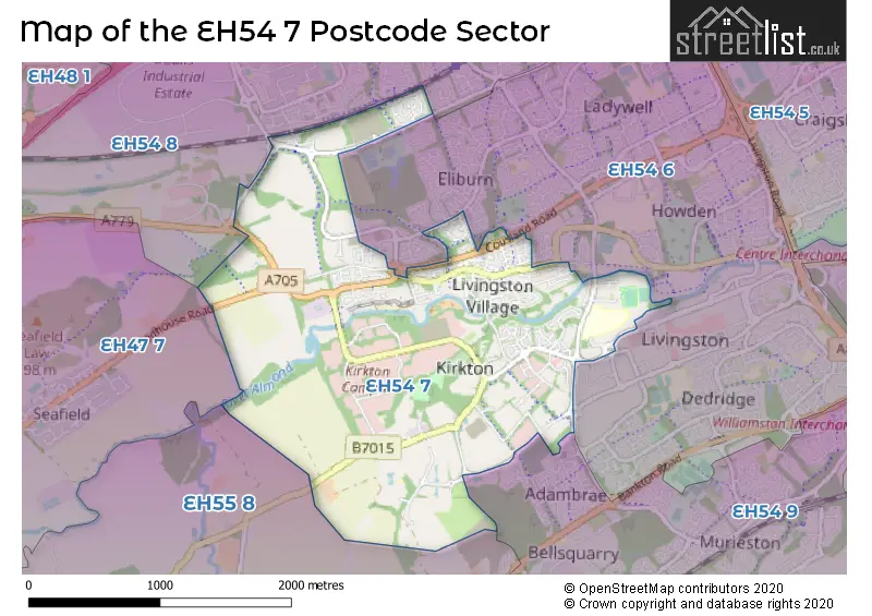 Map of the EH54 7 and surrounding postcode sector