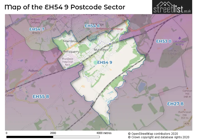 Map of the EH54 9 and surrounding postcode sector