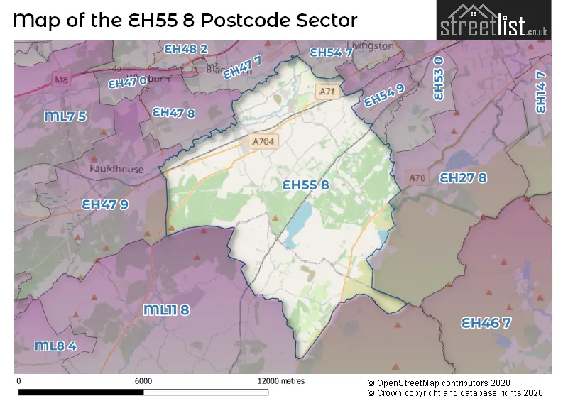 Map of the EH55 8 and surrounding postcode sector