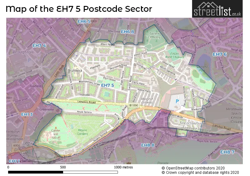 Map of the EH7 5 and surrounding postcode sector