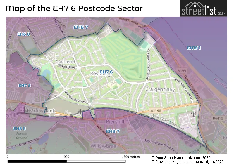 Map of the EH7 6 and surrounding postcode sector