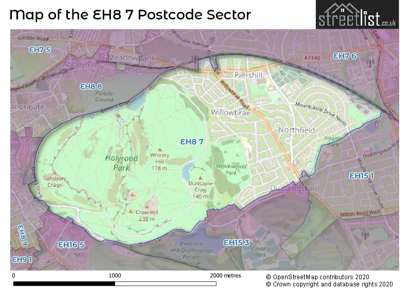 Map of the EH8 7 and surrounding postcode sector