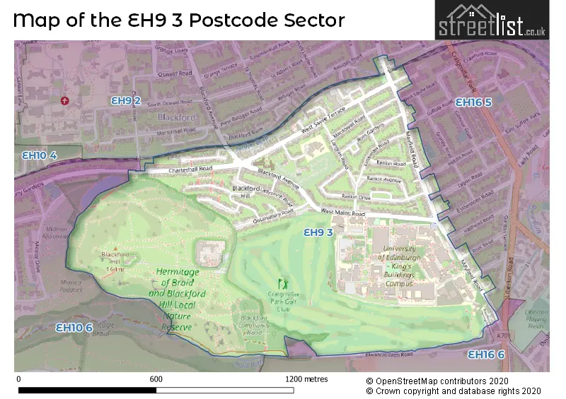 Map of the EH9 3 and surrounding postcode sector