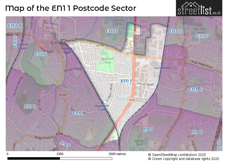 Map of the EN1 1 and surrounding postcode sector