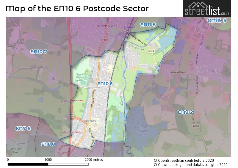 Map of the EN10 6 and surrounding postcode sector