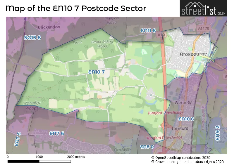 Map of the EN10 7 and surrounding postcode sector