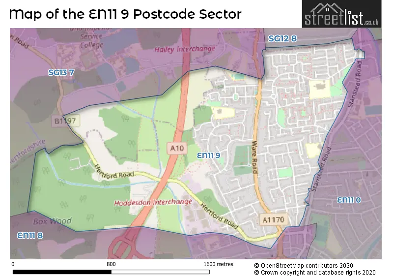 Map of the EN11 9 and surrounding postcode sector