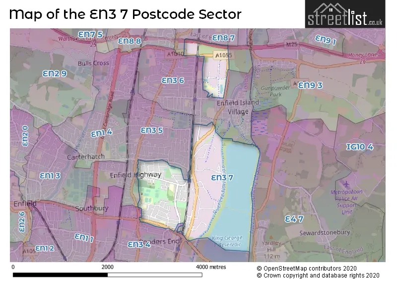Map of the EN3 7 and surrounding postcode sector