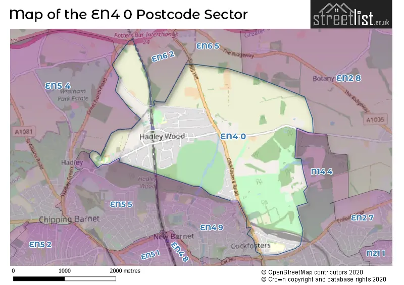 Map of the EN4 0 and surrounding postcode sector