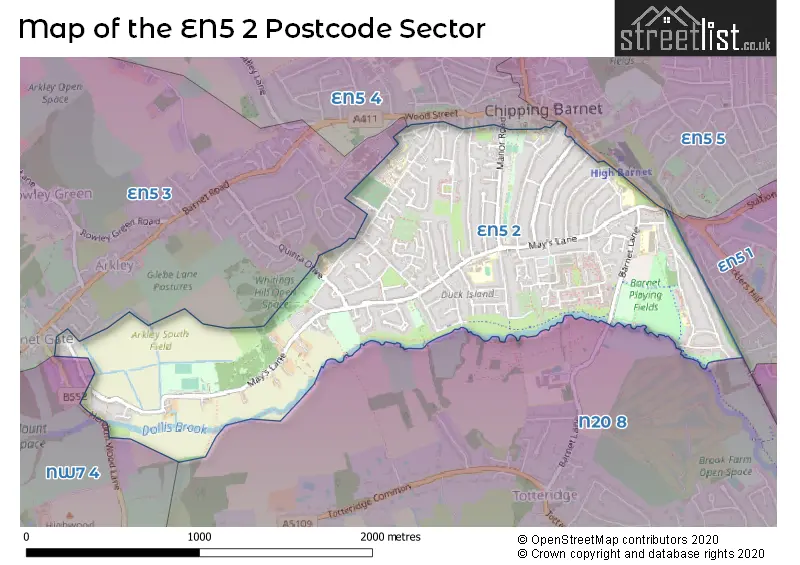 Map of the EN5 2 and surrounding postcode sector