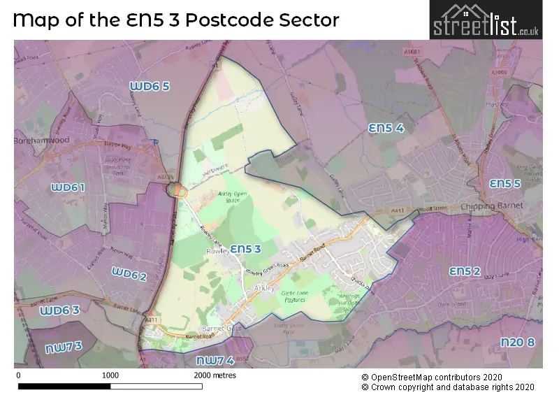 Map of the EN5 3 and surrounding postcode sector