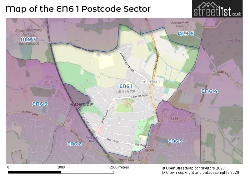 Map of the EN6 1 and surrounding postcode sector