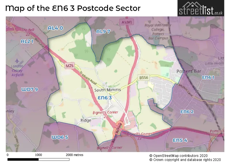 Map of the EN6 3 and surrounding postcode sector
