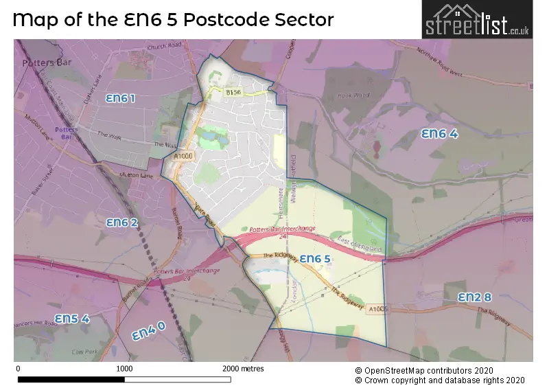 Map of the EN6 5 and surrounding postcode sector
